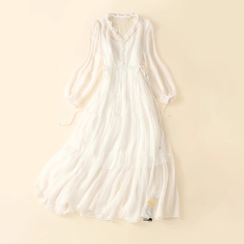 2026 New White Silk Dress for Women, Summer Elegant V-Neck High-End Ruffled Mulberry Silk Fairy Long Dress