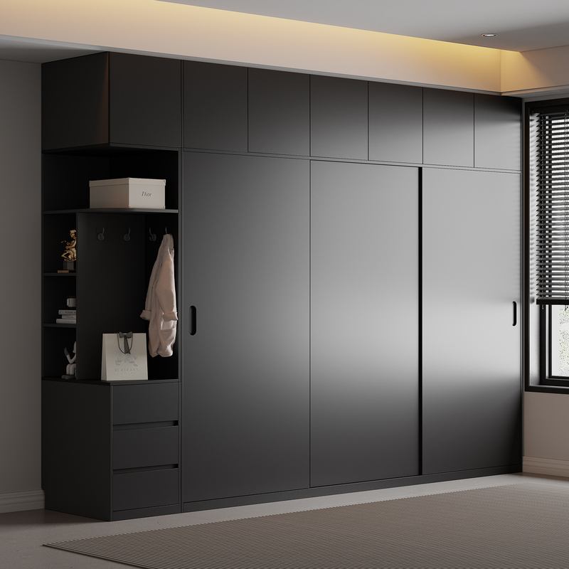 All Solid Wood Wardrobe Sliding Door for Home Bedroom Small Apartment Gray Minimalist Light Luxury High-End Sliding Door Cabinet Wardrobe