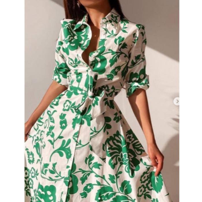 Fashionable Commuter Style European and American Style Spring and Autumn New Lapel Printed Single-Breasted Mid-Length Nine-Quarter Sleeve Dress Dress