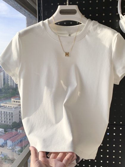 正肩短袖纯棉白色t恤夏季新款修身打底衫女百搭圆领短款百搭上衣