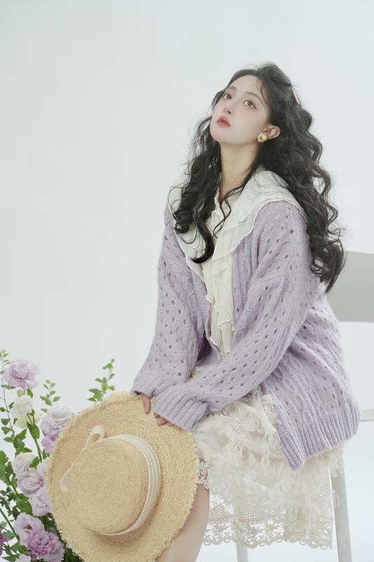 【Chibi Shop】No.562 Late Autumn Alpaca Wool Super Warm Fully Hollowed Out Soft Purple Sweater Coat