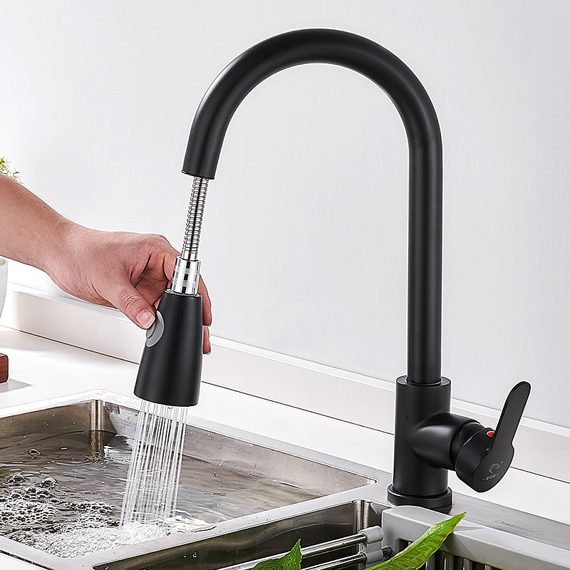 Kitchen sink faucet Kitchen pull-out hot and cold all copper sink faucet Dish washing household laundry pool rotating black