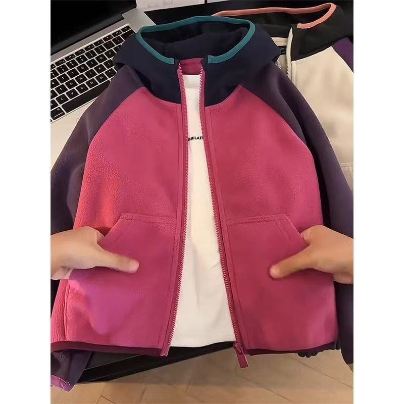 Girls' Spring and Autumn Fleece Jacket, Winter School Uniform Essential 2025, Color-Blocked Hooded Jacket for Older Children, Fleece Jacket Girls' Spring and Autumn Fleece Jacket, Winter School Uniform Essential 2025, Color-Blocked Hooded Jacket for Older Children, Fleece Jacket