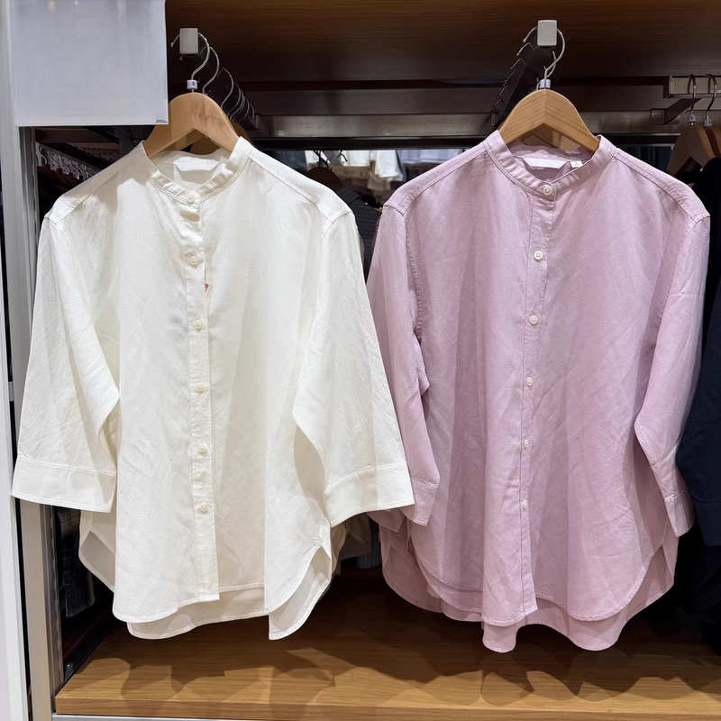 Original Foreign Trade Women's Linen-Blend Striped Stand-Up Collar Shirt/3/4 Sleeve Shirt 483874/483873