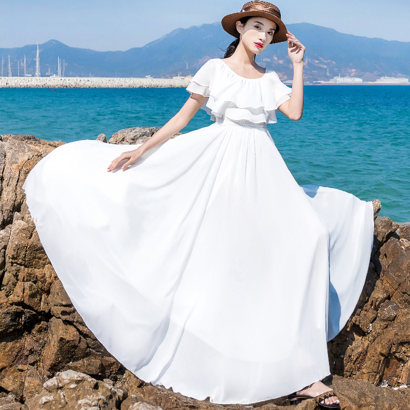 Bohemian White Ruffled Off-Shoulder Chiffon Dress for Women, Beach Vacation Dress, Long Skirt with a Large Hem