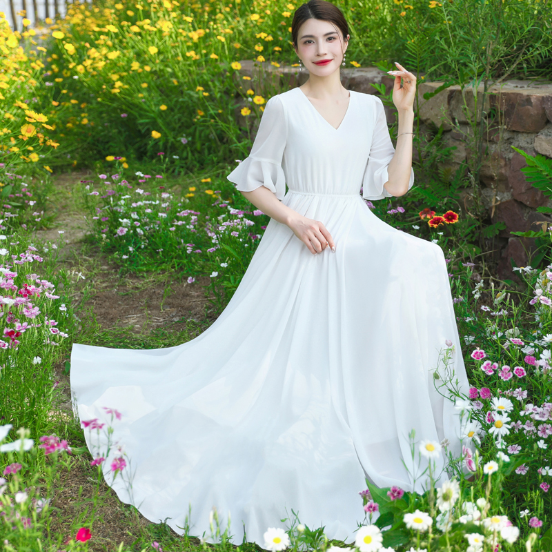 Retro V Neck Ruffled Sleeves White Chiffon Full Skirt Pure Color Dress Women's Long Seaside Vacation Dress Long Skirt