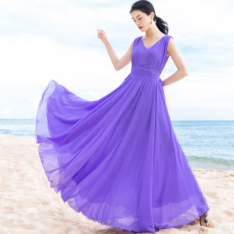 Beautiful Retro V-Neck Violet Chiffon Dress for Women with a Long Skirt That Looks Slimming When Taking Photos While Traveling