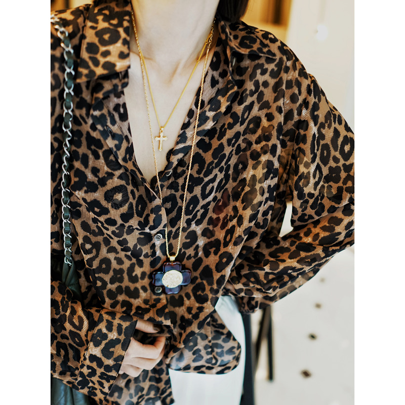 Leopard Print Fried Noodles Bring Their Own Aura, Slightly Sheer Leopard Print Long-Sleeved Loose Shirt, Summer Sun Protection Retro Top