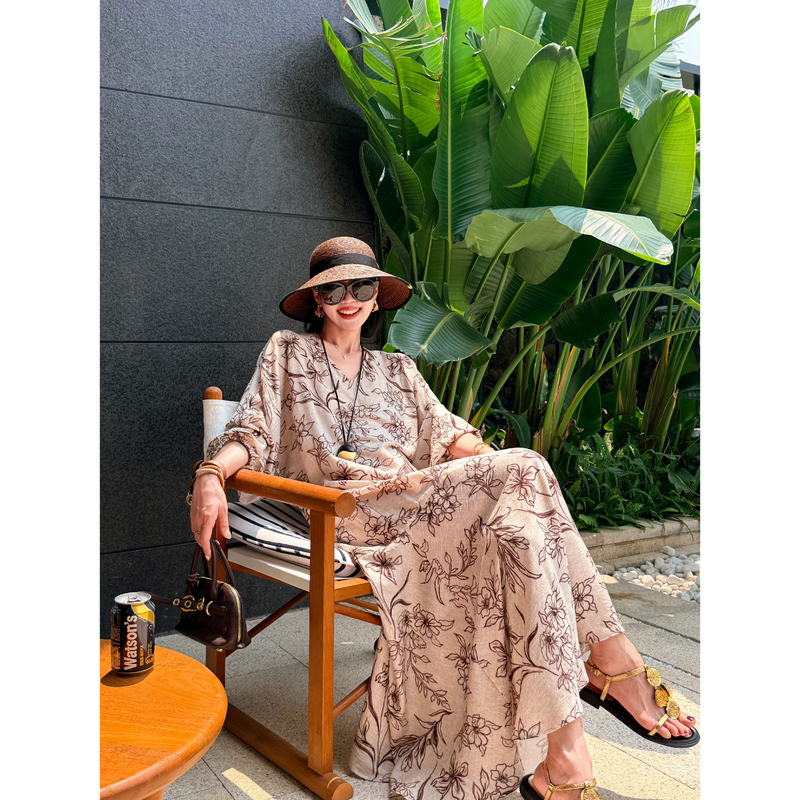 Leopard Print Fried Noodles, Xia Yun Qianhua, Linen Printed French V-Neck Loose Dress, Vintage Slimming Elegant Long Dress
