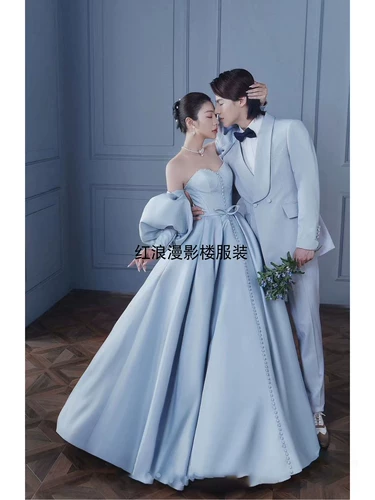 Стиль принцессы, синие пузыри, рукав атласный хвост тема свадебного фильма, одежда пара фотореатива