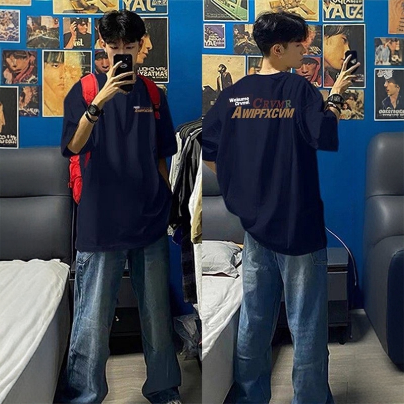 Navy Blue American High Street Heavyweight T-Shirt for Boys, Summer Youth Street Fashion Half-Sleeve Oversize Top