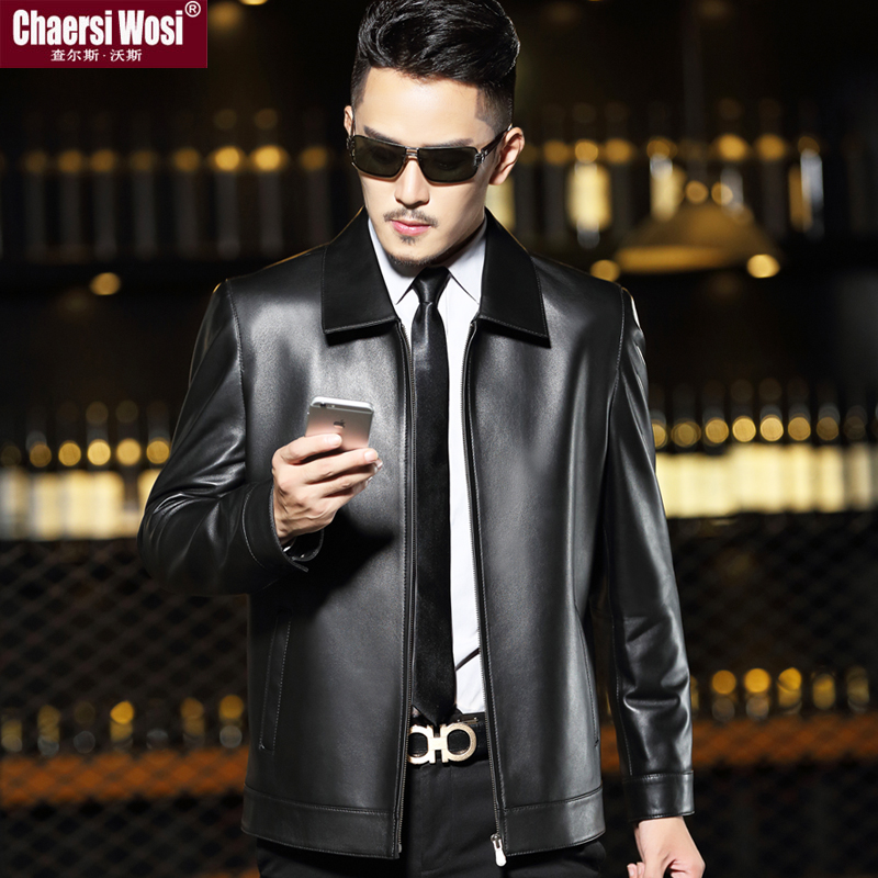 Haining leather leather men's middle-aged and elderly plus velvet short lapel lapel thin size sheepskin jacket men's coat