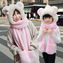 Winter women warm hat scarf gloves three-piece set one baby children thick plush hooded collar students