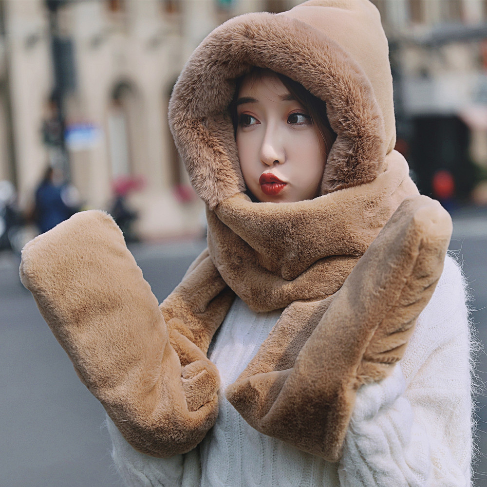 Scarf hat gloves in one three-piece set winter student cold protection thickened imitation rabbit plush warm hat bib neck