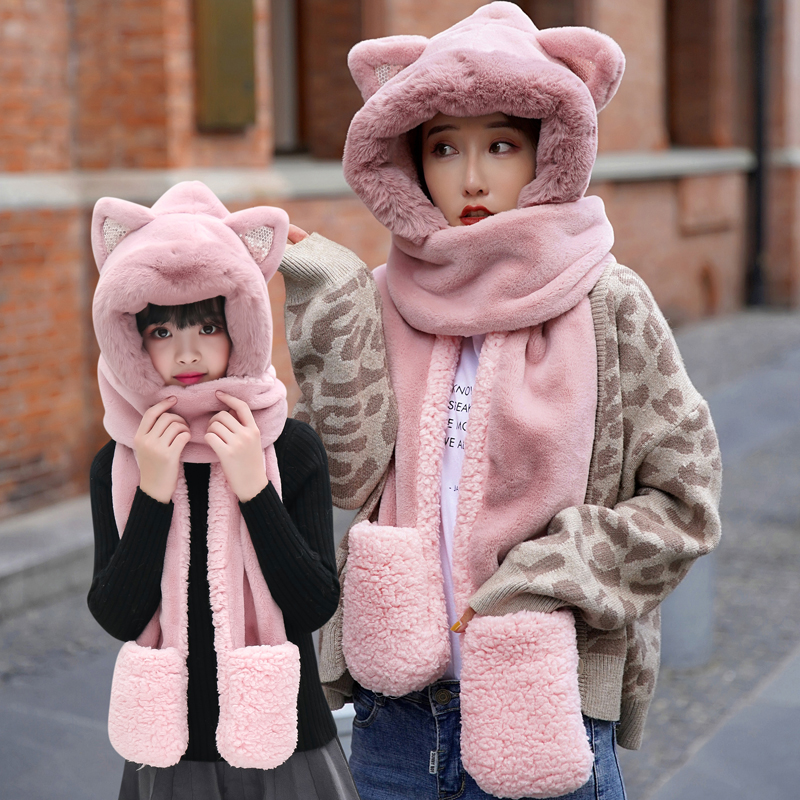 Hat female autumn and winter cute plush scarf gloves one-piece student thickened warm ear protection male children's three-piece group