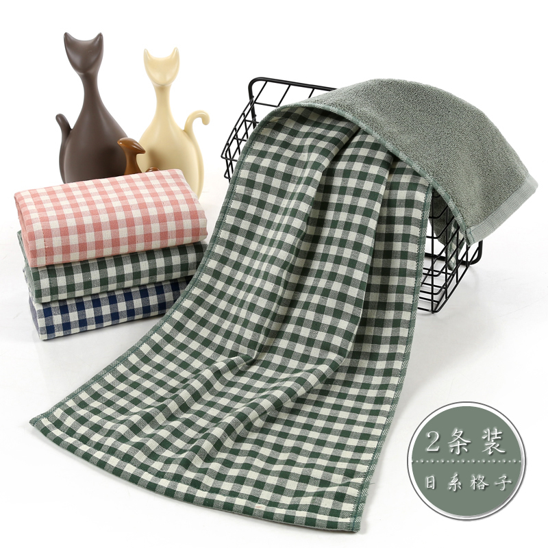 [2-Pack] Japanese-Style Plaid Pure Cotton Gauze Towels, Adult Couple Full Cotton Face Towels, Thickened Double-Sided Face Towels