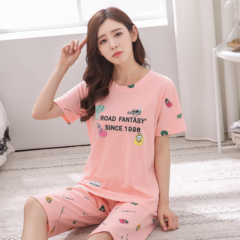 Pajama womens mùa hè ngắn tay áo quần bảy thiết lập mùa hè womens quần mỏng phù hợp với gia đình hai - bộ mảnh.