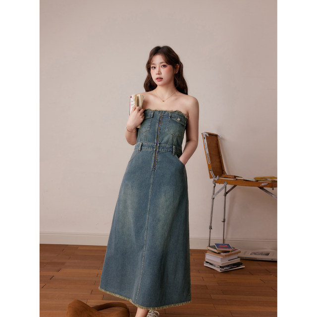 Zhang ຂອງ temperament ເກືອ denim suspender skirt ແມ່ຍິງຂອງຝຣັ່ງລີສອດແບບ dress niche ການອອກແບບ skirt ຍາວ retro