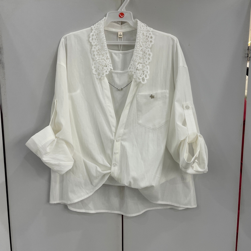 Same Style as in the Mall A061 Women's Fashion 2026 Spring New Lace Trim Collar Long-Sleeve Two-Piece Shirt Set