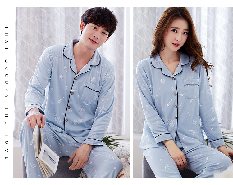Phiên bản Hàn Quốc của bộ đồ ngủ đôi ve áo dài tay cotton mùa xuân và mùa thu nam nữ áo len phục vụ nhà đôi phù hợp ngọt ngào đồ bộ kiểu mới