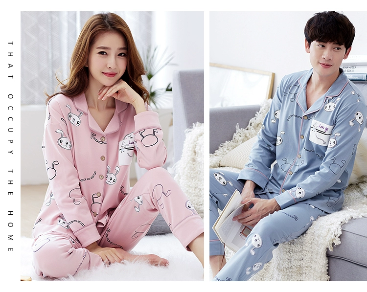 Phiên bản Hàn Quốc của bộ đồ ngủ đôi ve áo dài tay cotton mùa xuân và mùa thu nam nữ áo len phục vụ nhà đôi phù hợp ngọt ngào