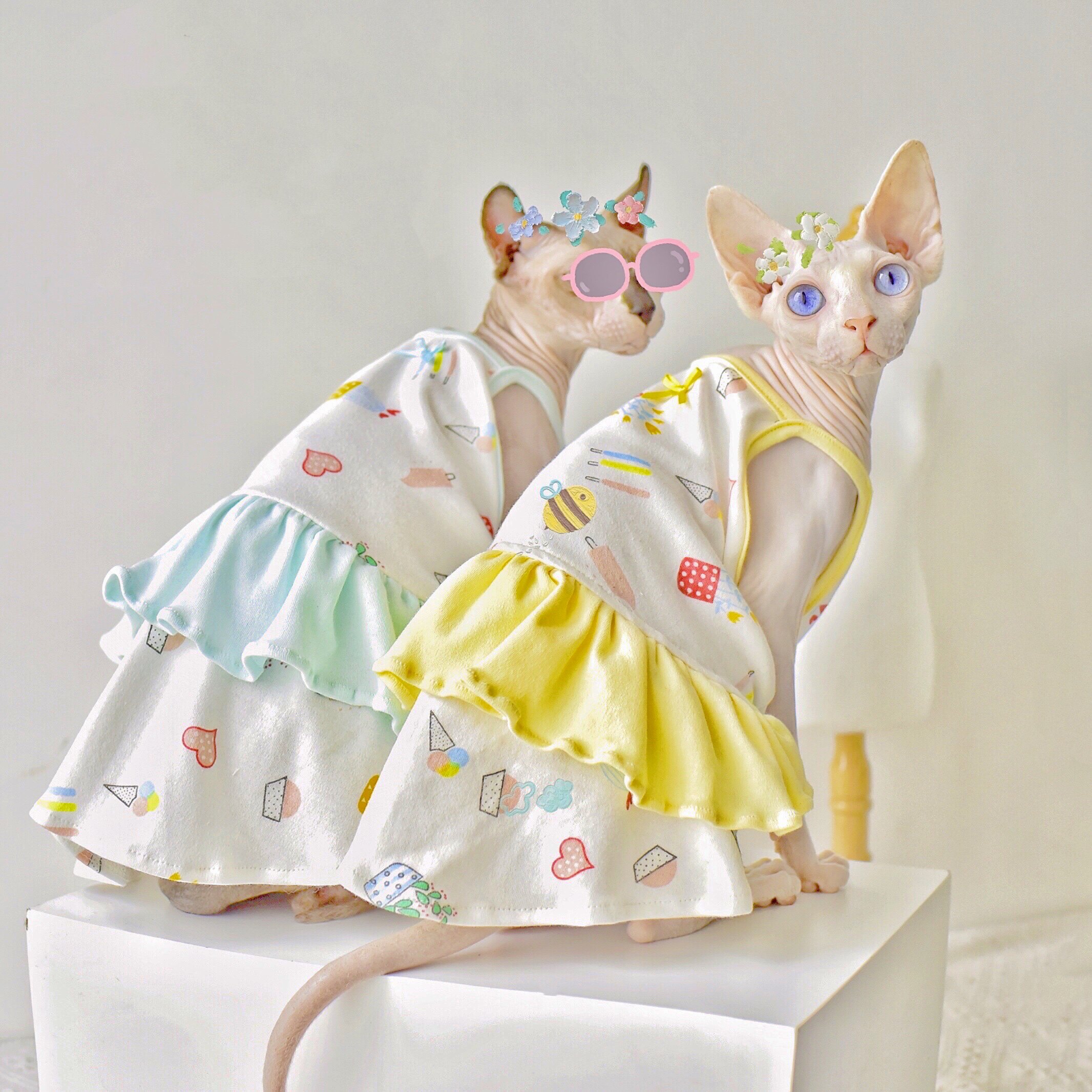 YH - Baby Cream Lotus Leaf Sling Dress Summer Thin Cotton Sleeveless Sphynx Hairless Cat Clothes