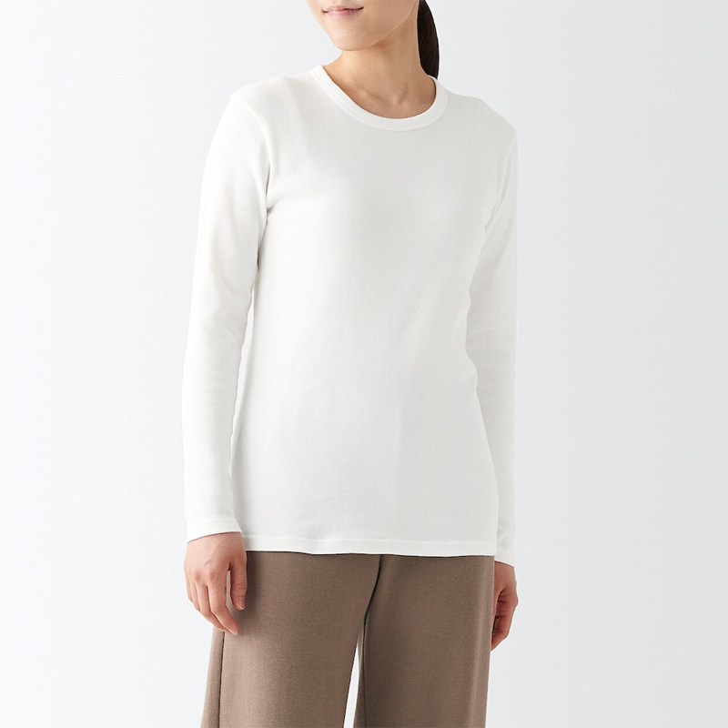 Unstamped Good Pink MUJI Women's Cotton Thick long sleeve T-shirt slats undershirt to the bottom of the suit-Taobao