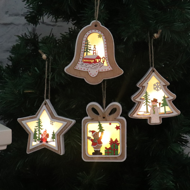 Woody Luminous Christmas decorations with lamp Luminous Wooden Pendants Christmas Tree Pendant Pendulum with Christmas present
