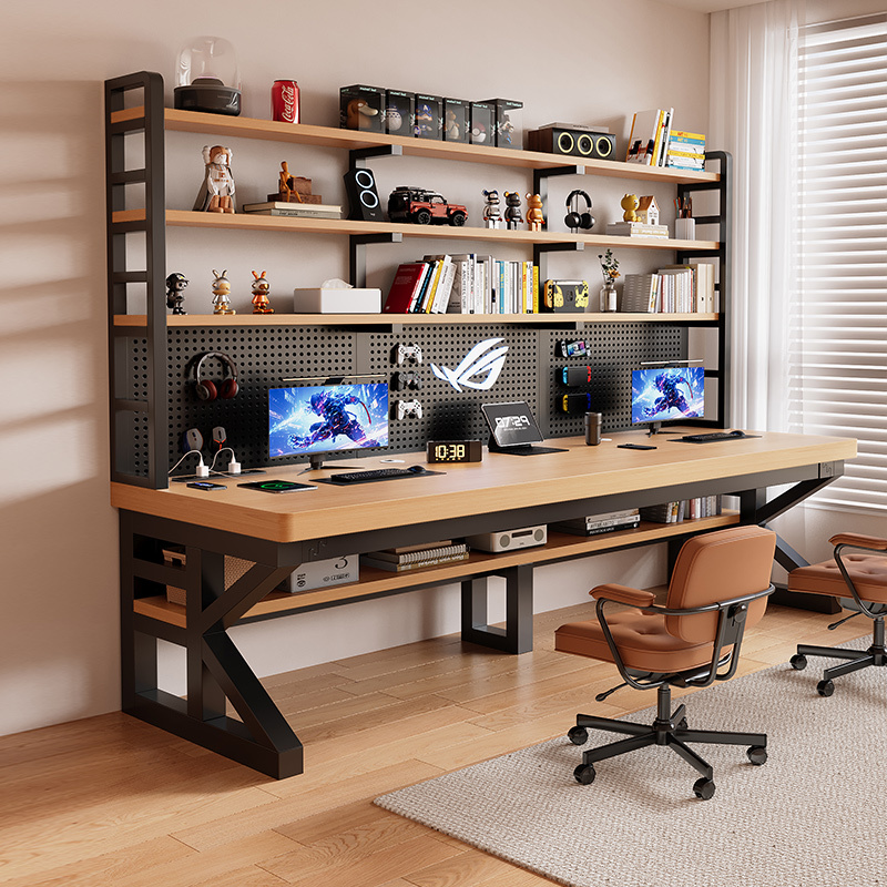 Computer Desk for Home Use, Desktop Study and Office Desk, Bedroom Gaming Desk, Pegboard, Double Desk, Bookshelf Integrated Desk