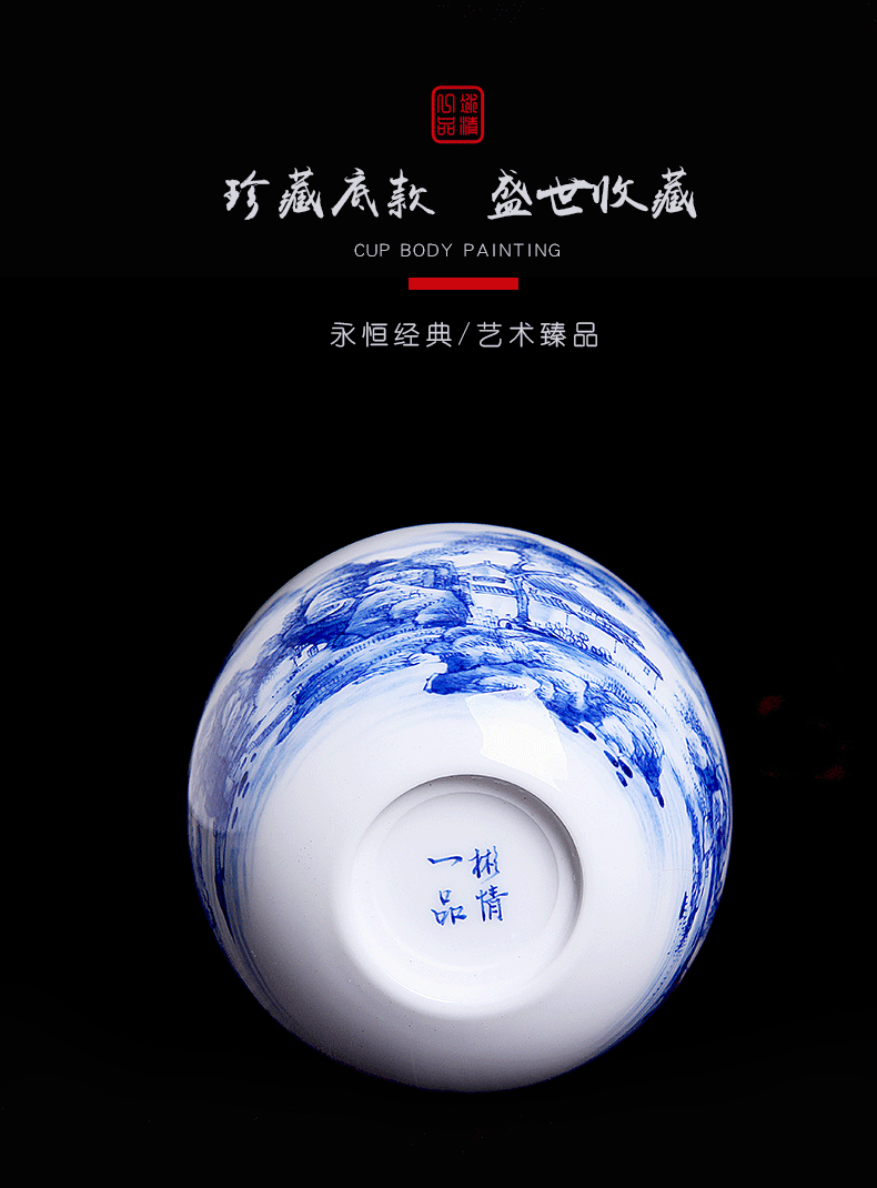 His affection new one Wang Chenfeng teacups hand - made ceramic pressure hand cupped jingdezhen blue and white landscape master cup sample tea cup
