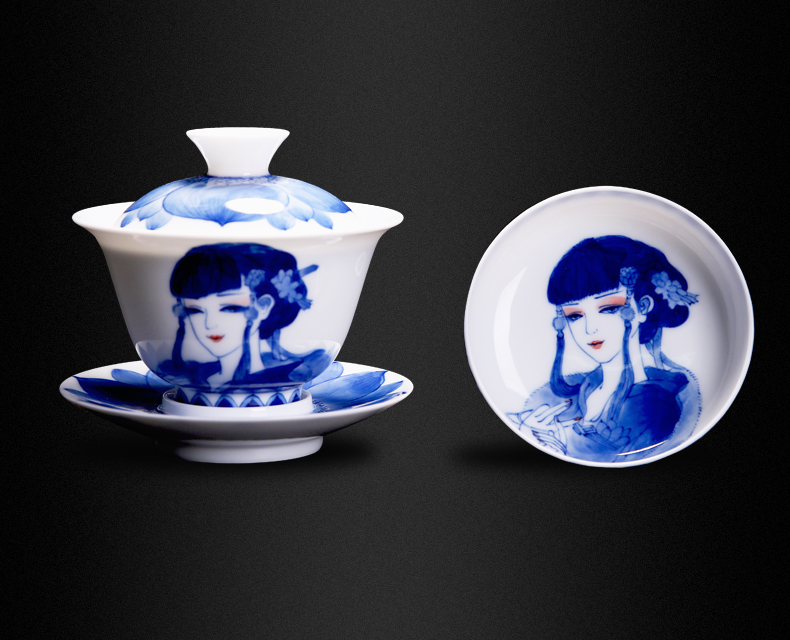 Bo wind jingdezhen blue and white ceramic cups three tureen only pure manual hand - drawn characters puer tea tea cup