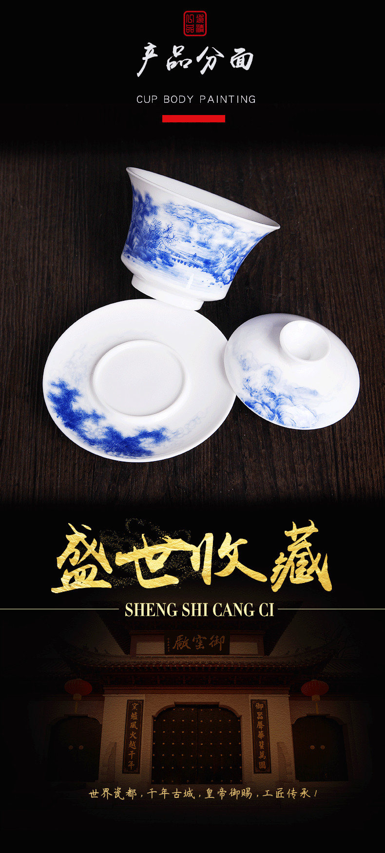 His mood yipin Wang Chenfeng jingdezhen blue and white tureen manual pure hand - made ceramic tea set kung fu tea set. A single