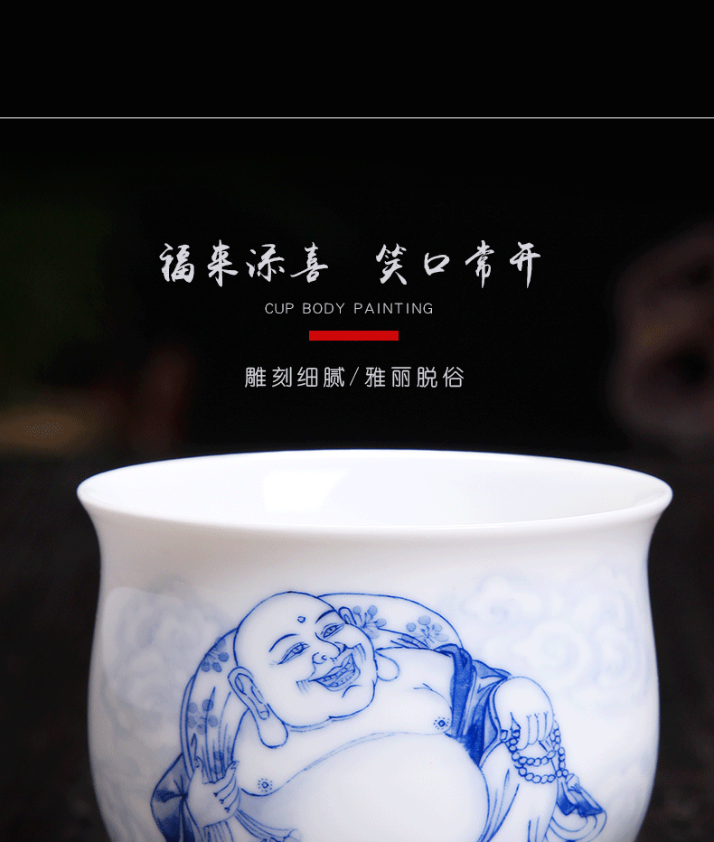 Above jade [naijing] jingdezhen ceramic pressure hand cup hand - made of blue and white porcelain Buddha master cup cup home collection