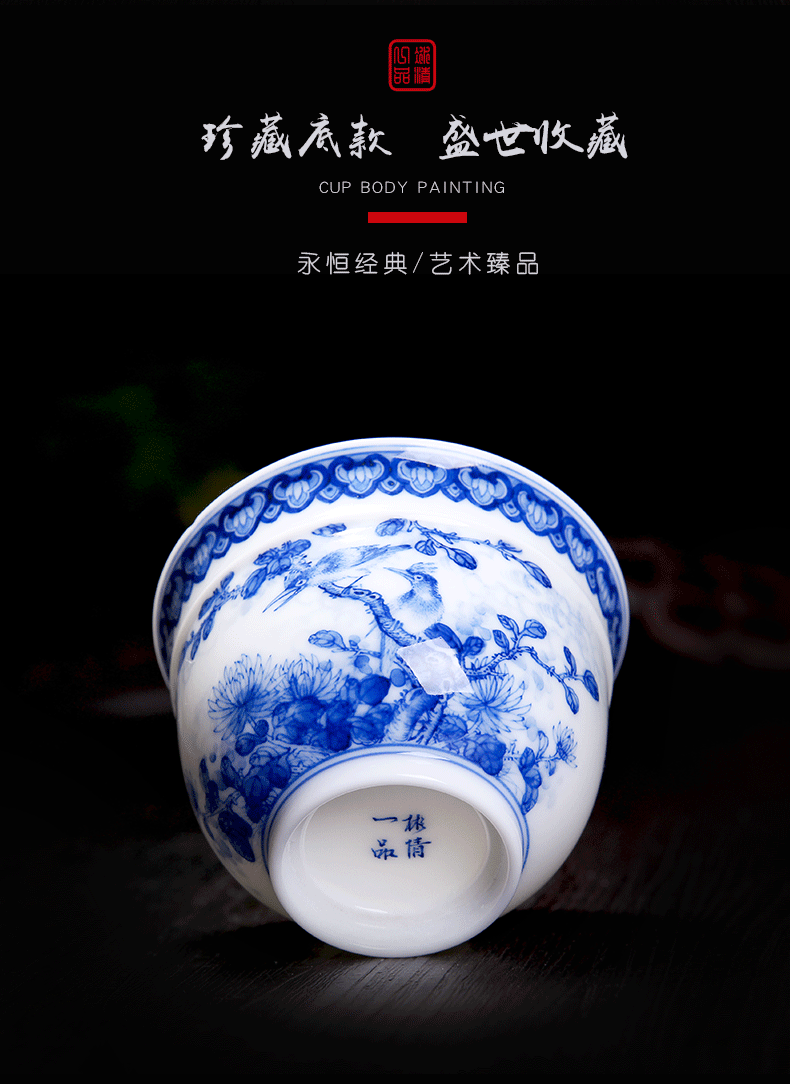 His mood yipin Wang Chenfeng jingdezhen blue and white porcelain cups hand - made flowers and birds sample tea cup high - grade ceramic masters cup