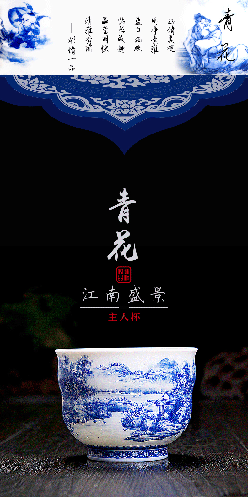 His mood and product Wang Chenfeng jingdezhen blue and white landscape master cup hand - made ceramic sample tea cup single CPU kung fu tea cups