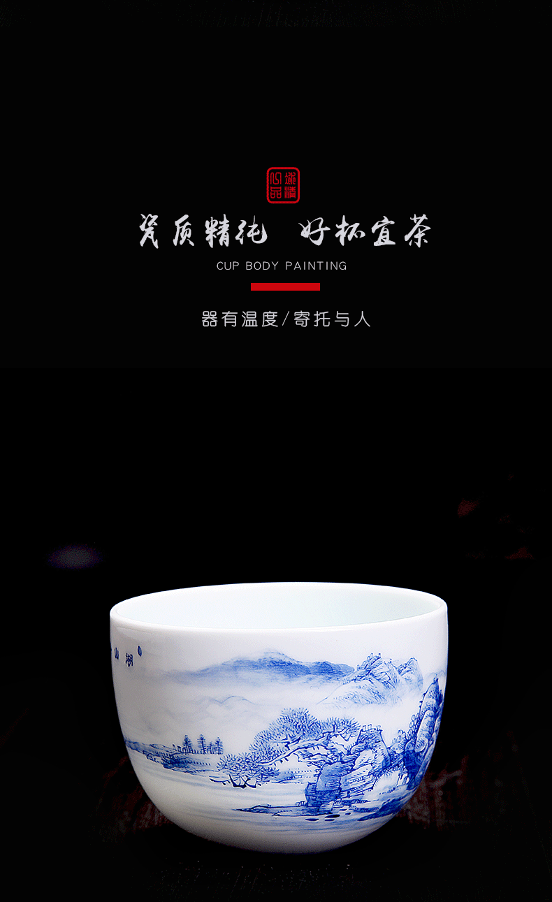 His affection new one Wang Chenfeng teacups hand - made ceramic pressure hand cupped jingdezhen blue and white landscape master cup sample tea cup