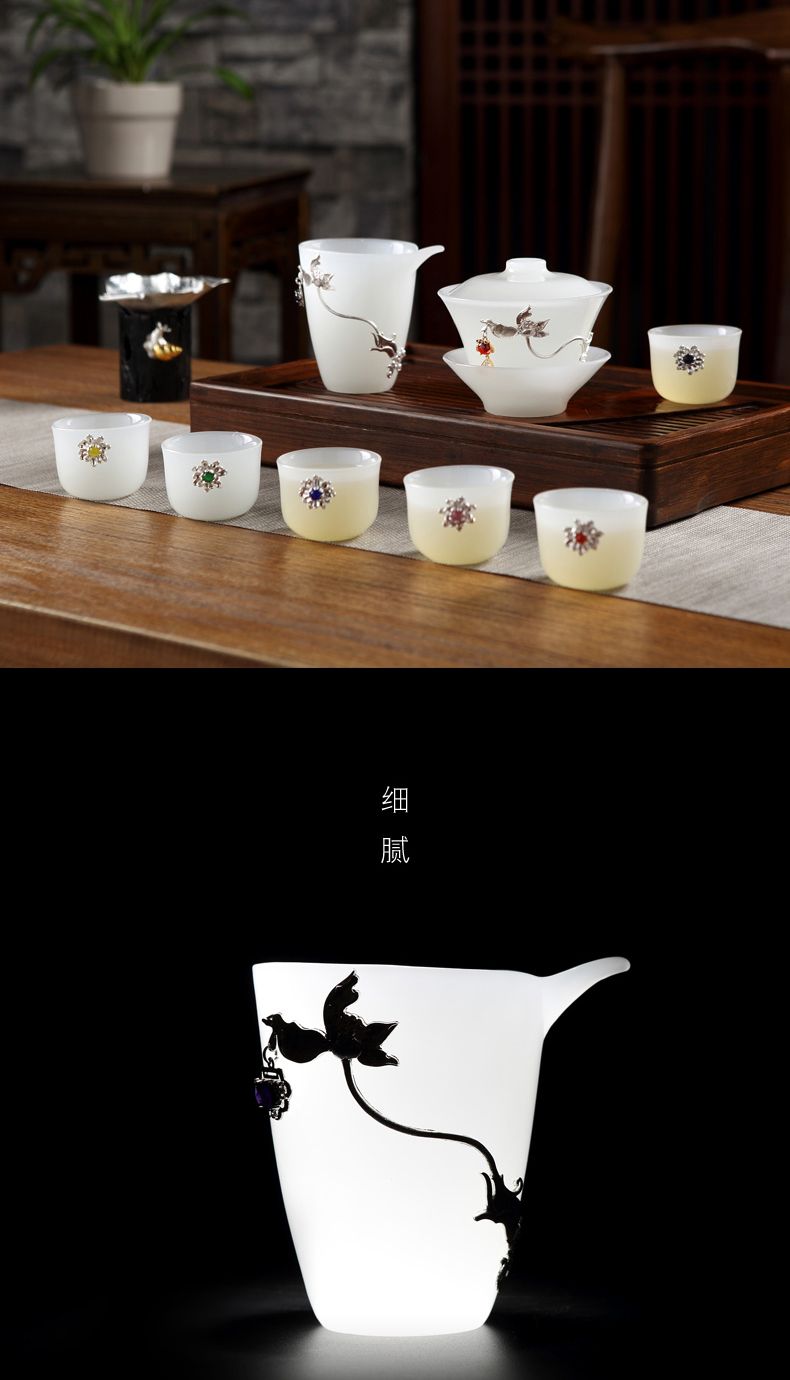 Jingdezhen kung fu tea set suit household contracted tureen Chinese teapot coloured glaze jade white porcelain ceramic cups