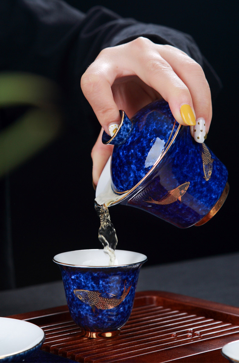 Jingdezhen ceramic kung fu tea set home only three tureen tea cups with blue glaze fuels the teapot