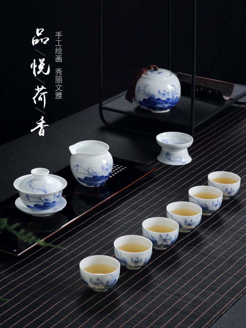 Jingdezhen blue and white porcelain hand - made ceramic kung fu tea set suits for Chinese style household small teapot tea tea cups