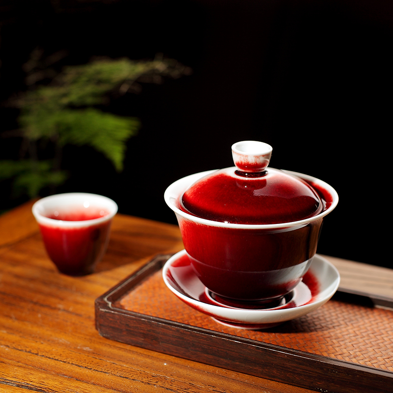 Jingdezhen ceramic up red ice crack glaze on only three tureen kung fu tea cups domestic tea bowl of tea