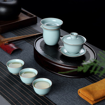Ru kiln ceramic travel tea set Small set portable Jingdezhen ice crack kung fu bubble teapot cup tea tray