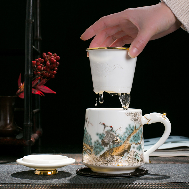 Red the jingdezhen ceramic fuels the suet jade white porcelain office make tea cup with the belt handles filtered water separation