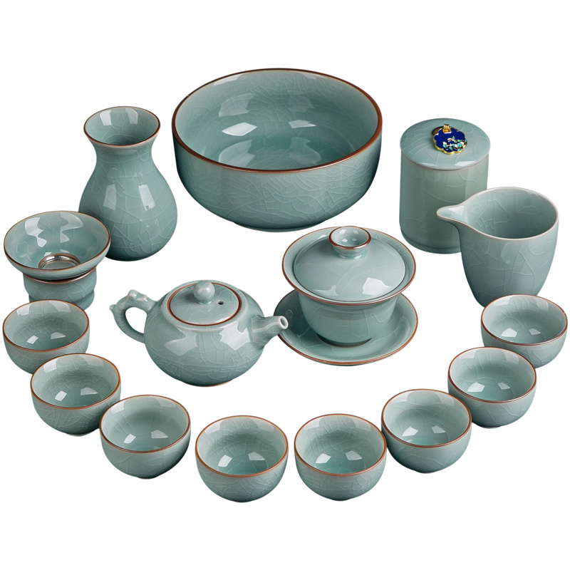 Jingdezhen celadon ice crack glaze kung fu tea set home sitting room of a complete set of ceramic tea tureen teapot