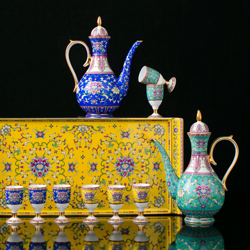 Jingdezhen colored enamel paint with tray was drag wine wine suit household of Chinese style antique wine pot liquor cup of wine