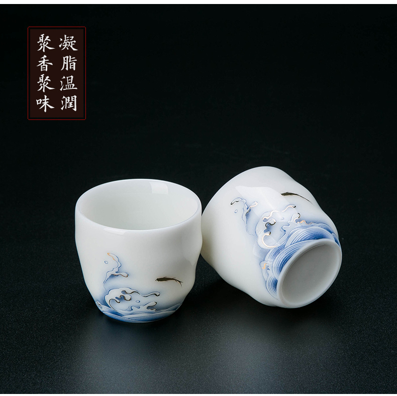 Jingdezhen suet jade white porcelain tea set household light key-2 luxury gift boxes kung fu tea cup lid bowl suit