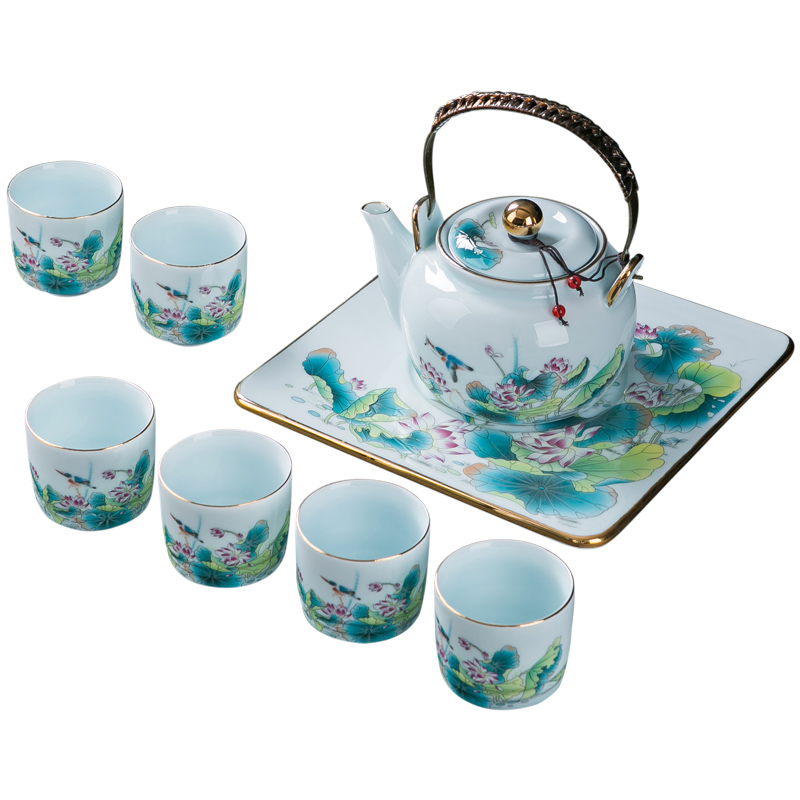 Jingdezhen kung fu tea set home sitting room retro large ceramic cups tea tray girder teapot