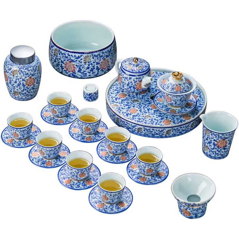 Blue and white tie up the see colour of a complete set of lotus flower tea set tea service home jingdezhen ceramic water make tea tea tray