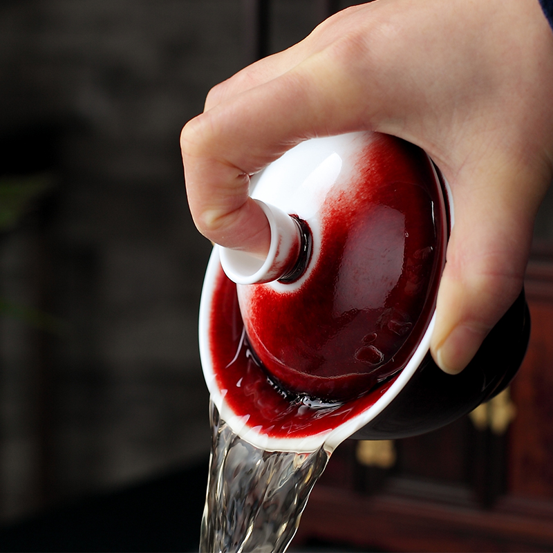 Jingdezhen ceramic up red ice crack glaze on only three tureen kung fu tea cups domestic tea bowl of tea