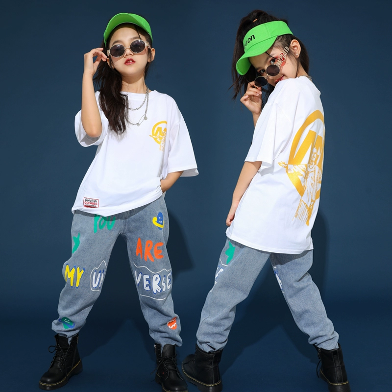 Trang phục trẻ em, bộ đồ hợp thời trang hip-hop bé gái, quần jean hip-hop ngắn tay trẻ em, trang phục nhảy jazz, quần áo mùa hè - Trang phục