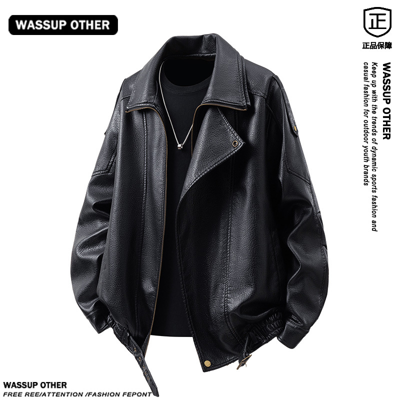 Wassup Other Lychee Pattern High-End Double-Layer Collar Jacket for Men, Spring and Autumn Cool and Unique Biker Leather Jacket